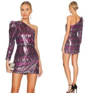 MISA Nova Fuchsia Ikat Sequined Purple One Shoulder Mini Dress Size Medium